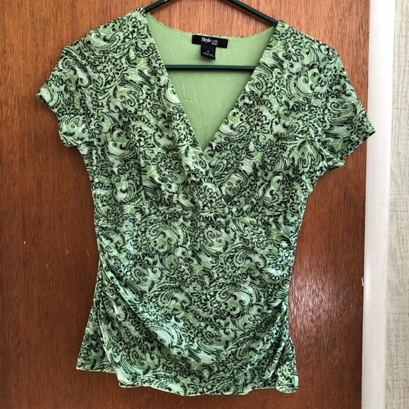 Style & Co. Petite, Multi-Shades-Green, Half-Wrap Top, Ruched Sides, Sz: Small - Picture 1 of 6